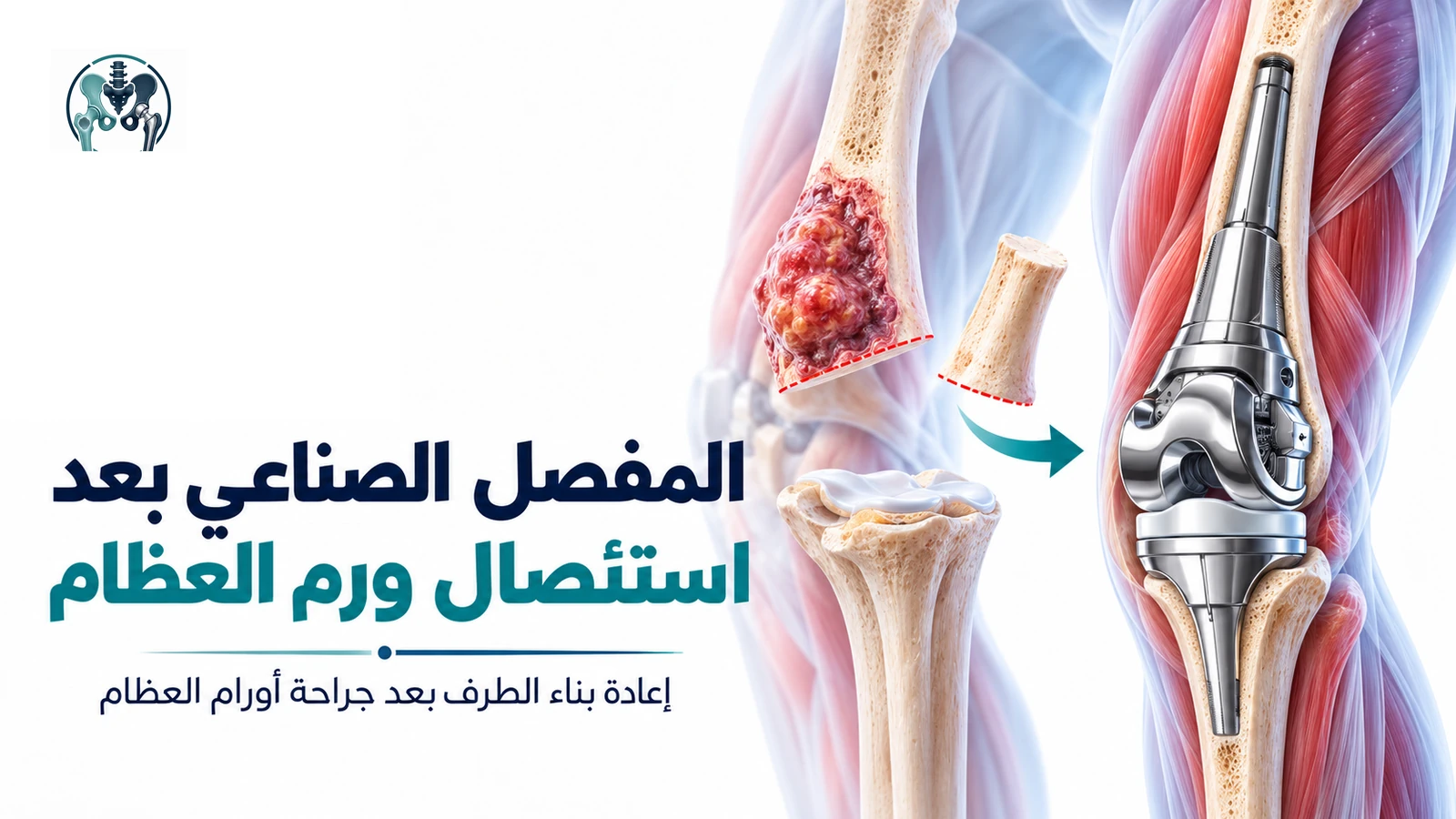 رسم طبي يوضح إعادة بناء الطرف بمفصل صناعي ضخم بعد استئصال ورم من نهاية عظمة الفخذ