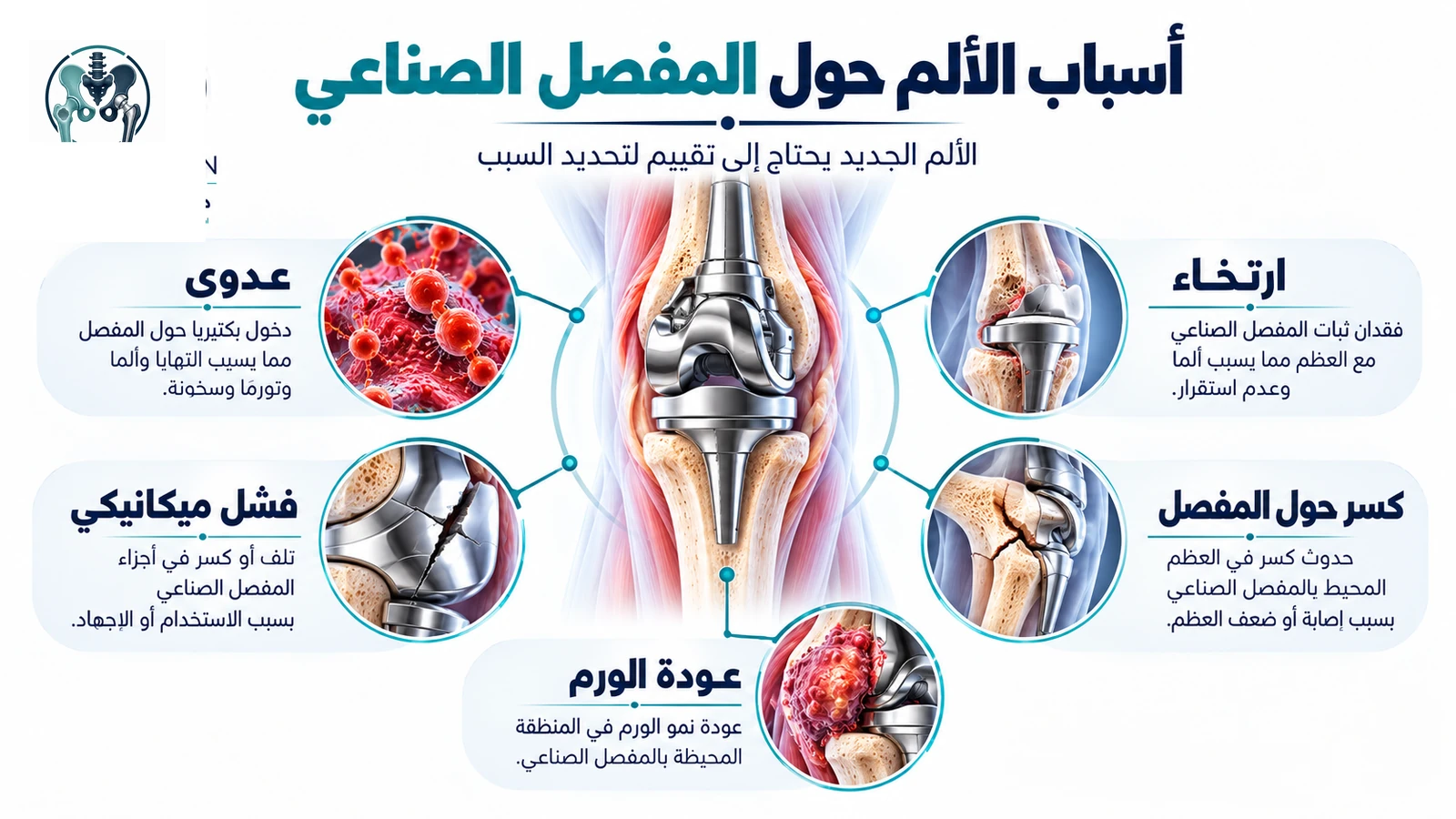 إنفوجرافيك يوضح العدوى والارتخاء والفشل الميكانيكي والكسر وعودة الورم كأسباب للألم حول المفصل الصناعي