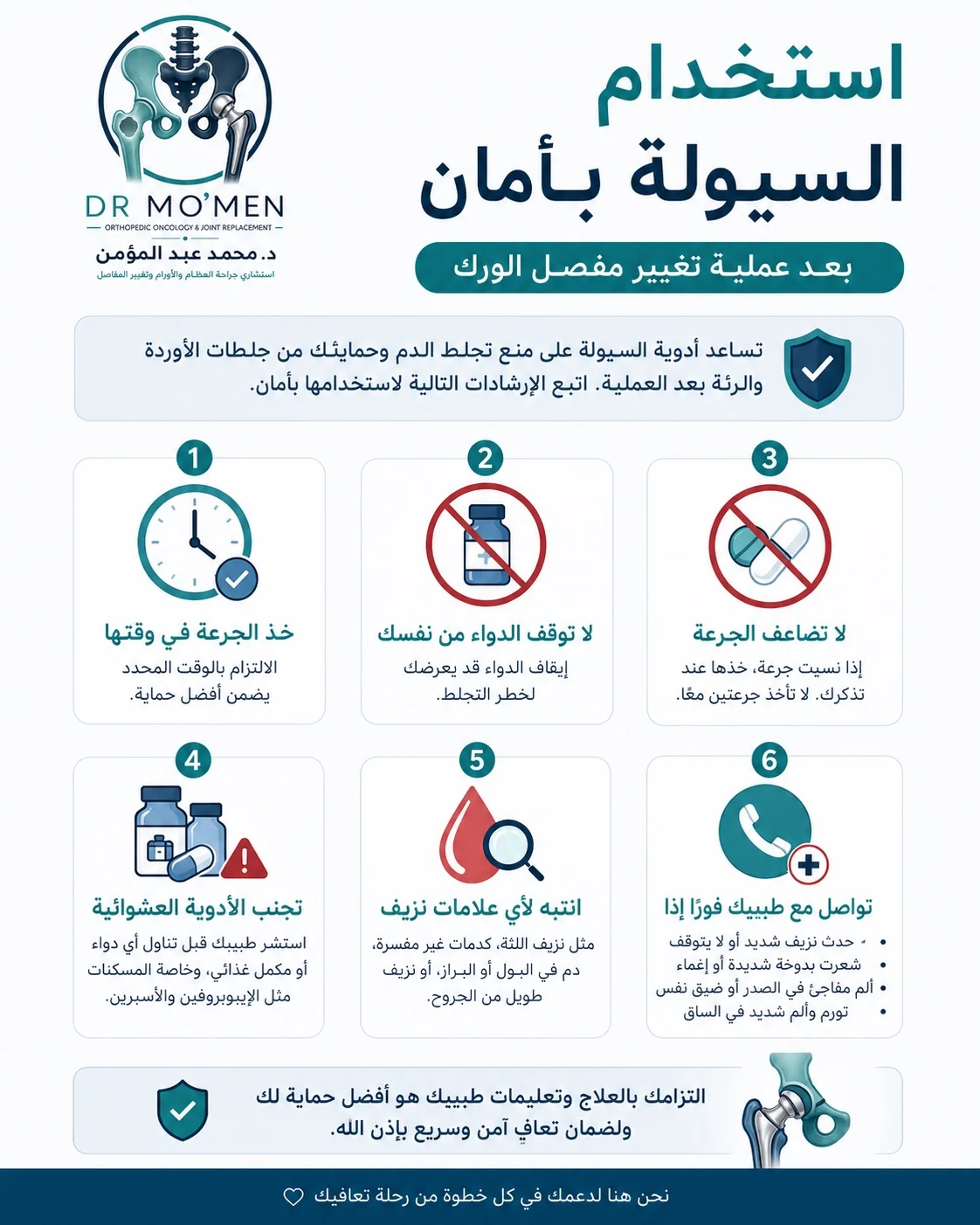 نصائح استخدام أدوية السيولة بأمان بعد تغيير مفصل الفخذ وعدم إيقاف الدواء أو مضاعفة الجرعة
