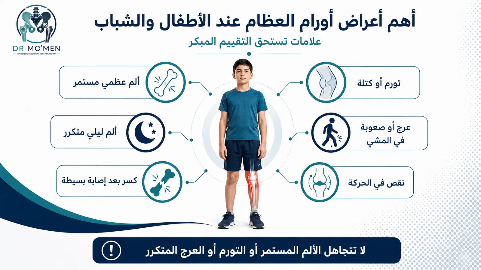 أعراض أورام العظام عند الأطفال مثل ألم العظام المستمر والتورم والعرج والكسر المرضي