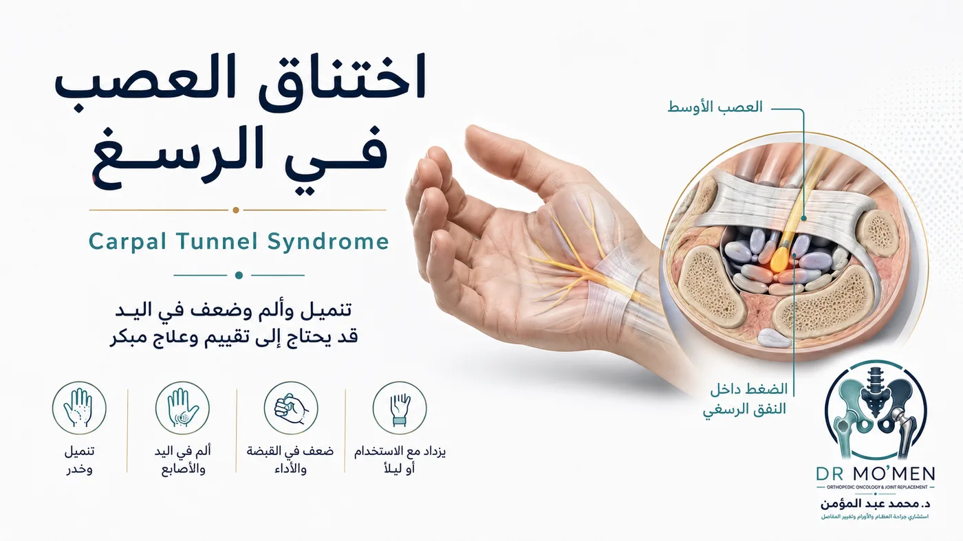 اختناق عصب اليد في الرسغ: لماذا يحدث التنميل ليلًا؟ ومتى نحتاج علاجًا؟ — غلاف مقال طبي