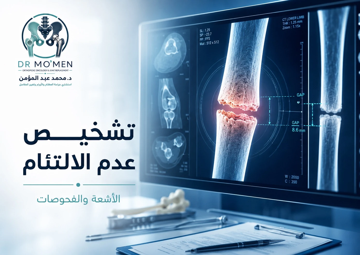 أشعة طبية توضح عدم التئام كسر بالعظام مع متابعة الفحوصات والتقييم