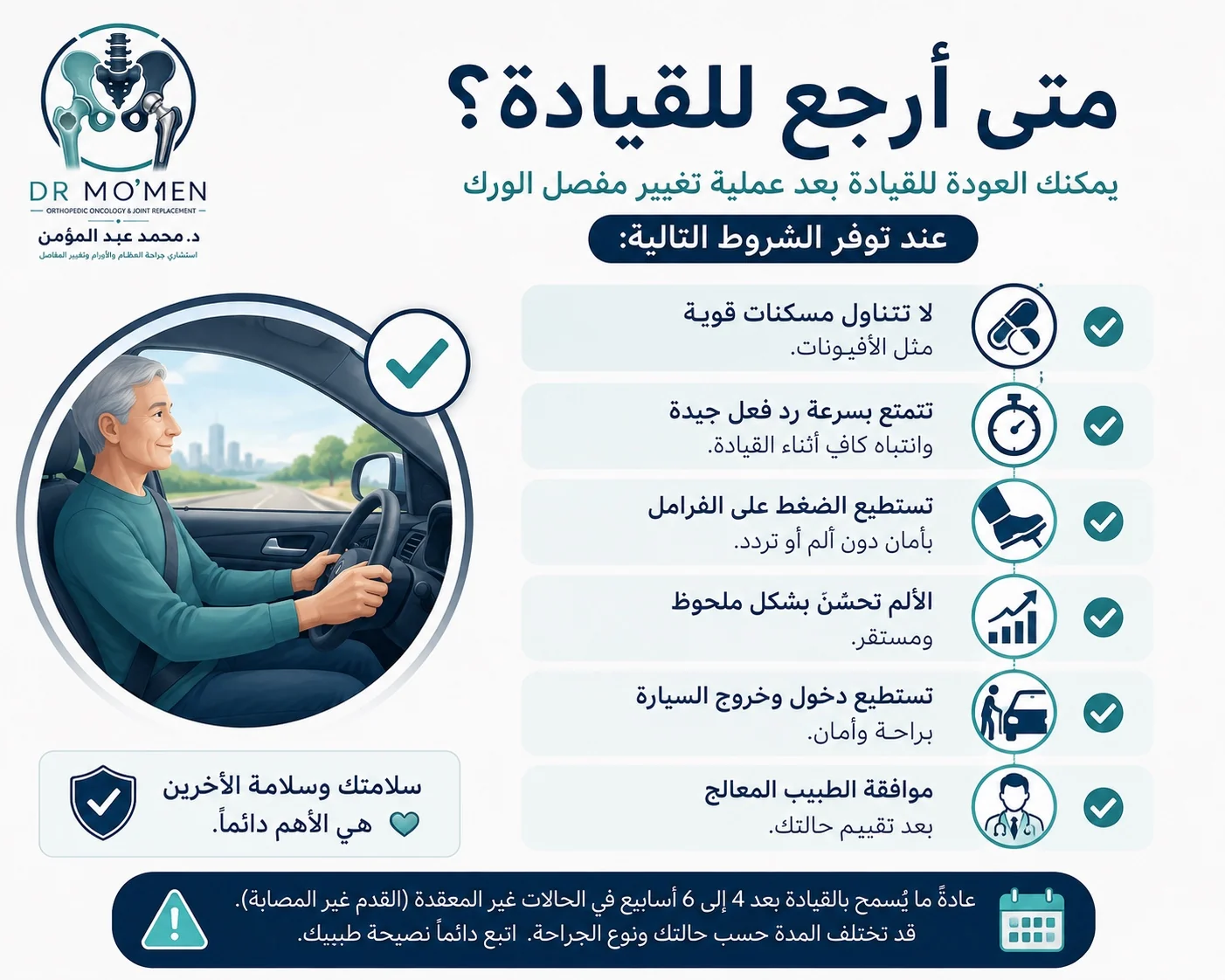 شروط الرجوع للقيادة بعد تغيير مفصل الفخذ مثل عدم تناول مسكنات قوية وقدرة الفرملة