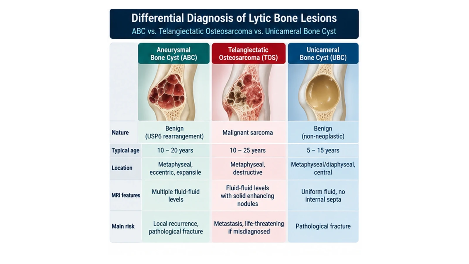 Medical infographic comparing aneurysmal bone cyst, telangiectatic osteosarcoma, and unicameral bone cyst by behavior, age, location, MRI features, and major clinical concern.