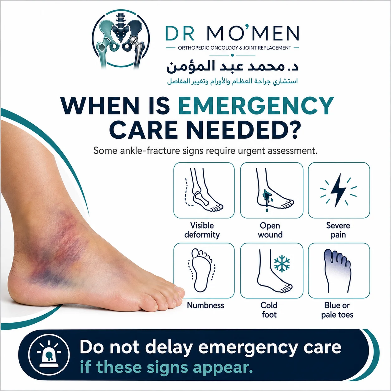 Medical infographic showing urgent warning signs after an ankle fracture