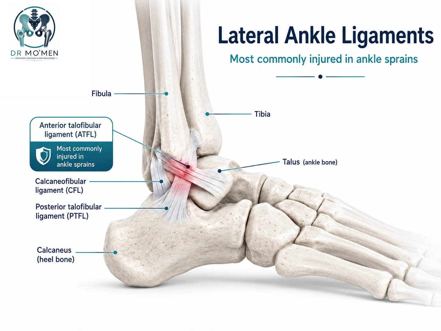 Lateral ankle anatomy showing the anterior talofibular, calcaneofibular, and posterior talofibular ligaments.