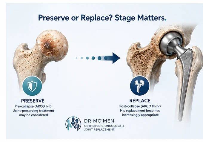 Decision-making illustration: preservation versus total hip replacement according to stage and structural damage.