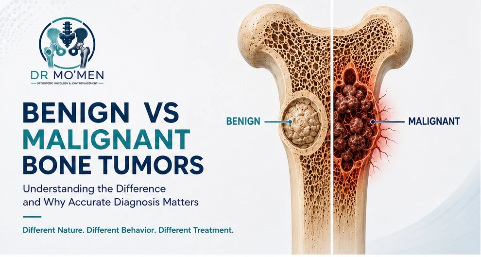 Benign and malignant bone tumors differ in behavior, imaging features, spread, and treatment; accurate diagnosis may require a planned biopsy.