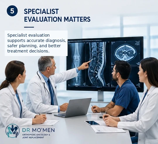 Orthopedic oncology team reviewing imaging to support accurate diagnosis and treatment planning.