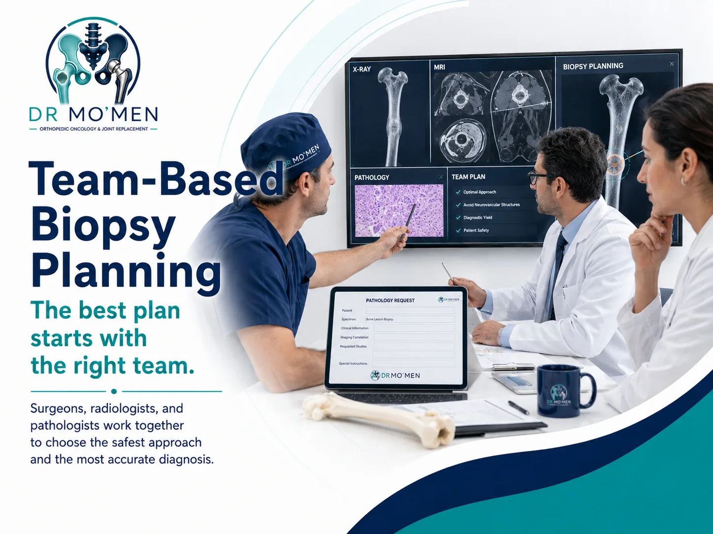 Orthopedic oncology multidisciplinary team reviewing imaging and planning a bone biopsy route.