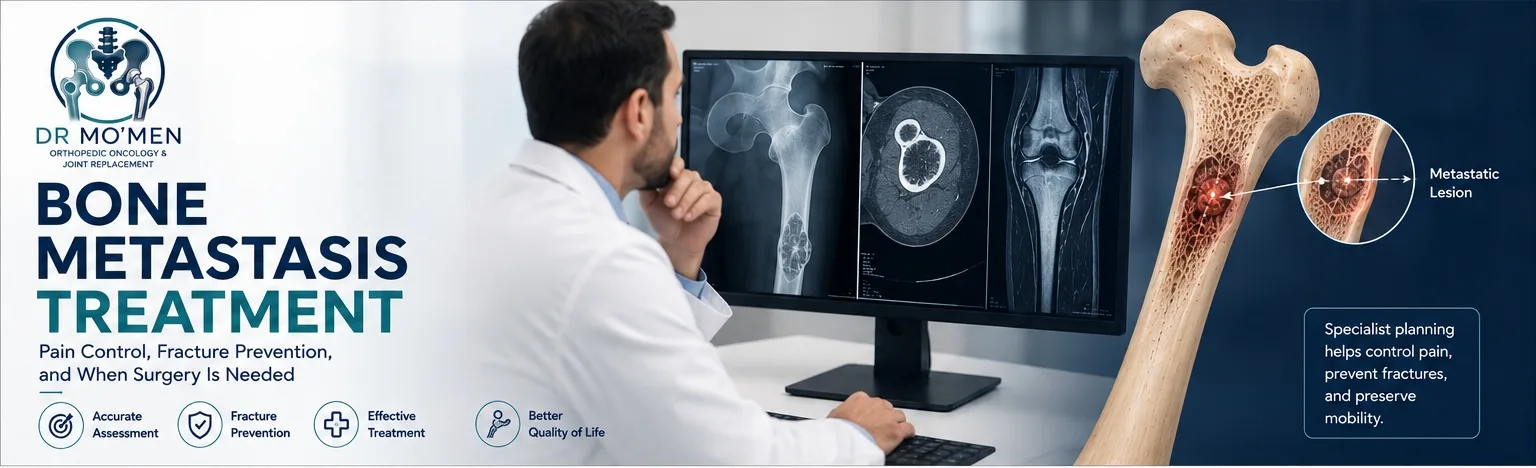 Orthopedic oncology treatment planning for a femoral bone metastasis using X-ray, CT, and MRI imaging.