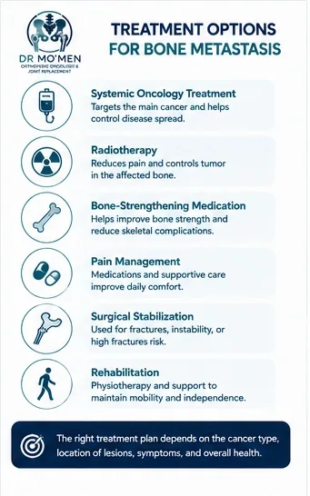 Treatment options for bone metastasis including systemic therapy, radiotherapy, medication, surgery, and rehabilitation.