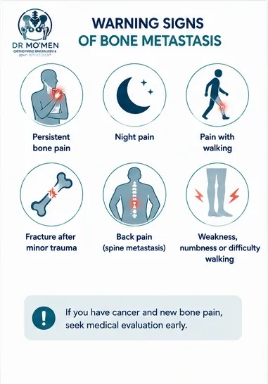 Warning signs of bone metastasis including persistent pain, weight-bearing pain, fracture risk, and neurological symptoms.
