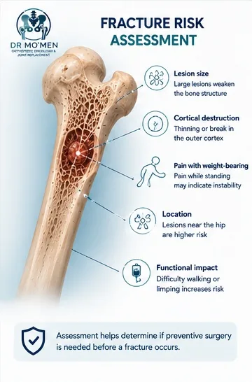 Fracture risk assessment for a femoral bone metastasis using symptoms, imaging, and cortical destruction.
