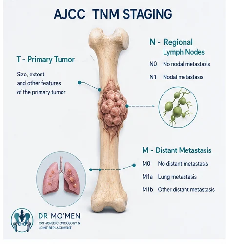 AJCC TNM bone tumor staging illustration showing primary tumor lymph nodes and distant metastasis