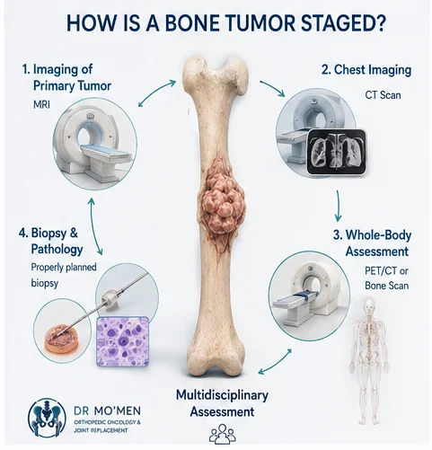 Bone sarcoma staging investigations including MRI chest CT pathology and whole body assessment