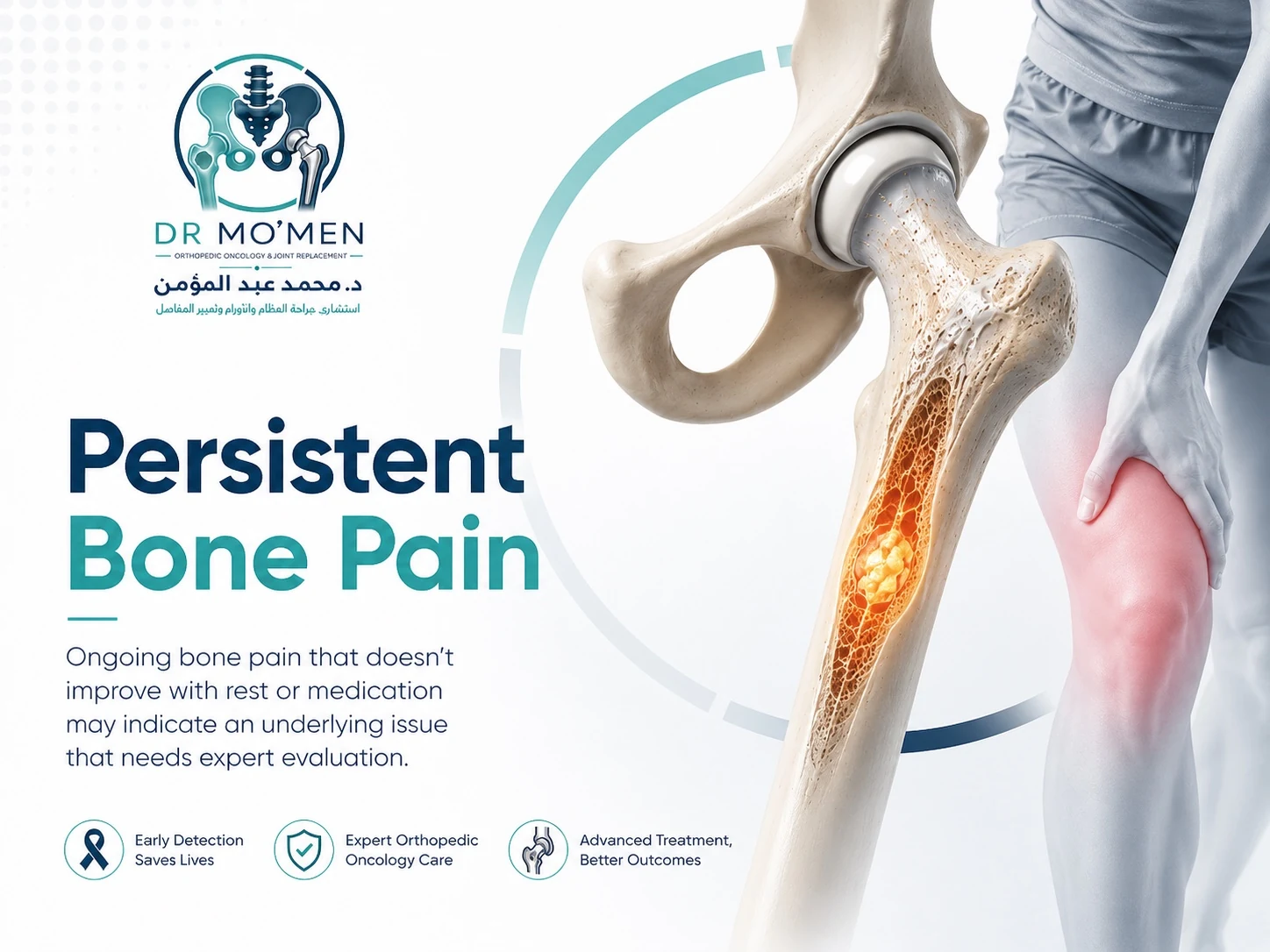Medical illustration showing persistent thigh pain with a highlighted lesion inside the femur.