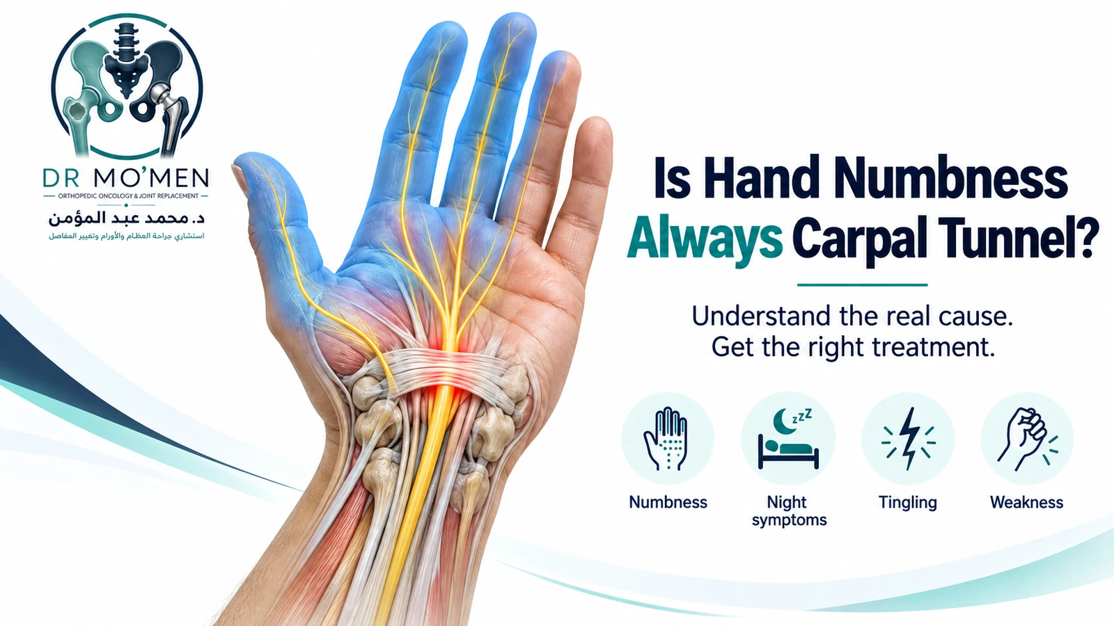 Carpal Tunnel Syndrome: Is Hand Numbness Always Carpal Tunnel? Medical illustration showing median nerve compression at the wrist and typical carpal tunnel symptoms.
