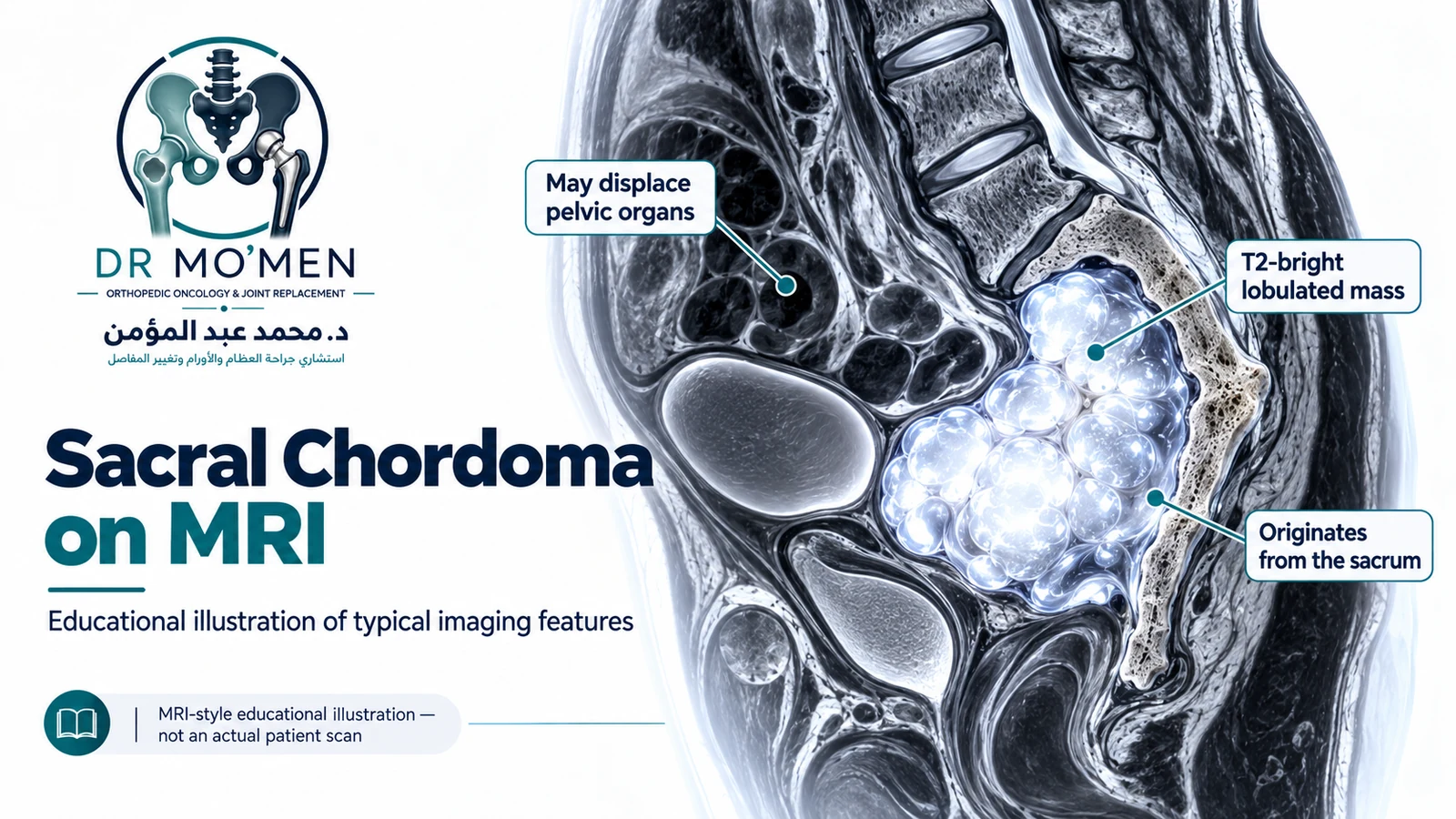 MRI-style educational illustration of a T2-bright sacral chordoma; not a real clinical scan.
