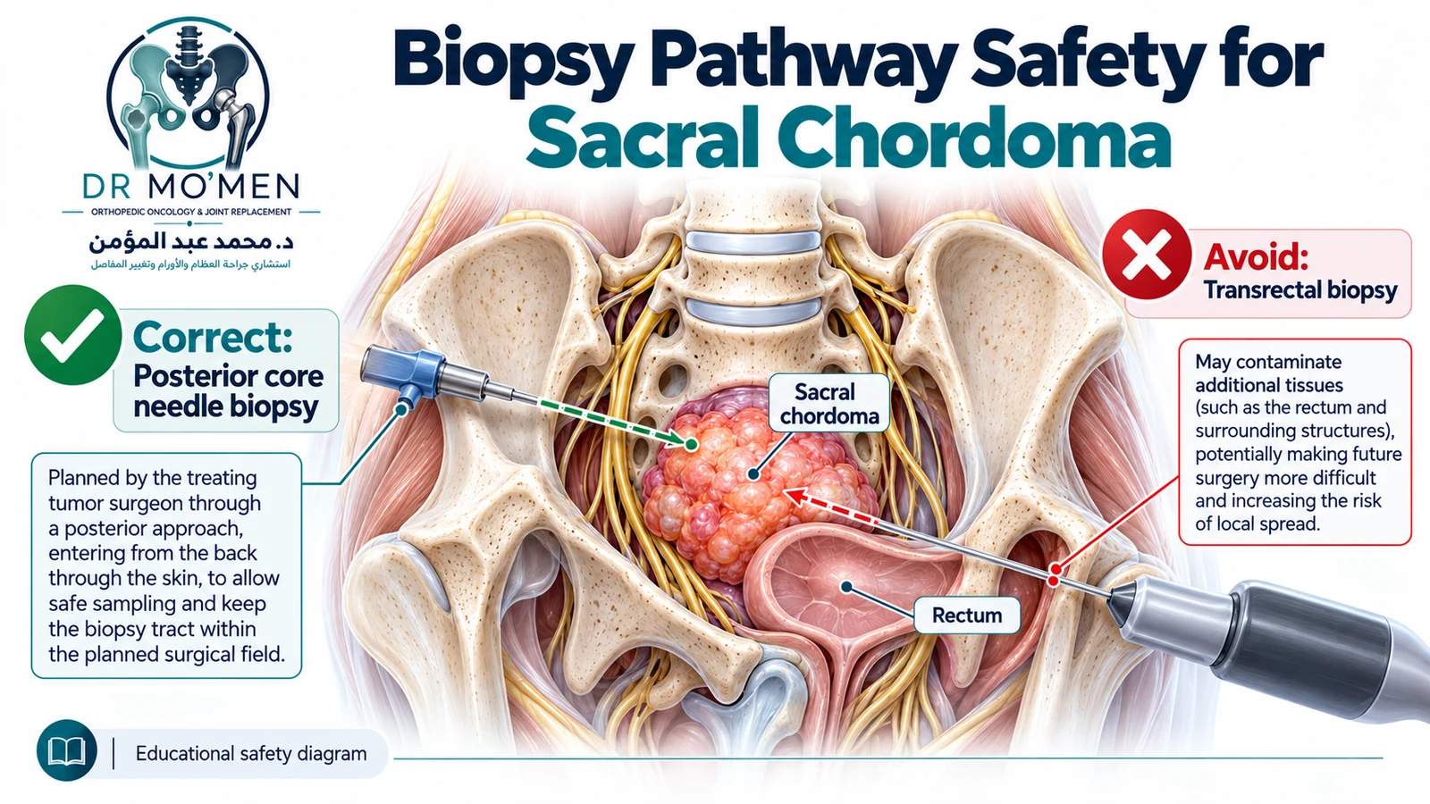Schematic comparing a specialist-planned posterior sacral chordoma biopsy route with a transrectal route to avoid.