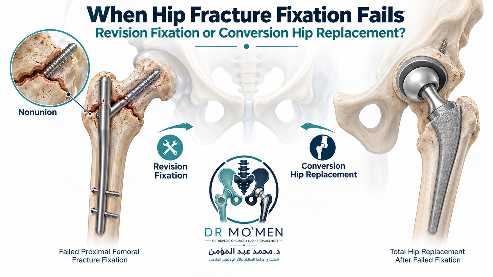 When Hip Fracture Fixation Fails 3D medical illustration showing failed proximal femoral fracture fixation and conversion to total hip replacement.