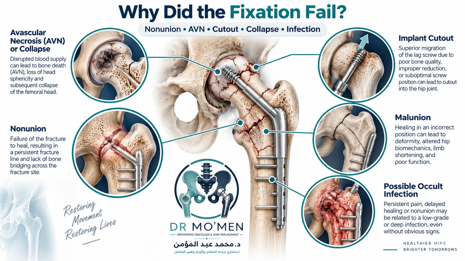 Medical infographic explaining common causes of failed hip fracture fixation including nonunion, avascular necrosis, implant cutout, collapse and possible infection.