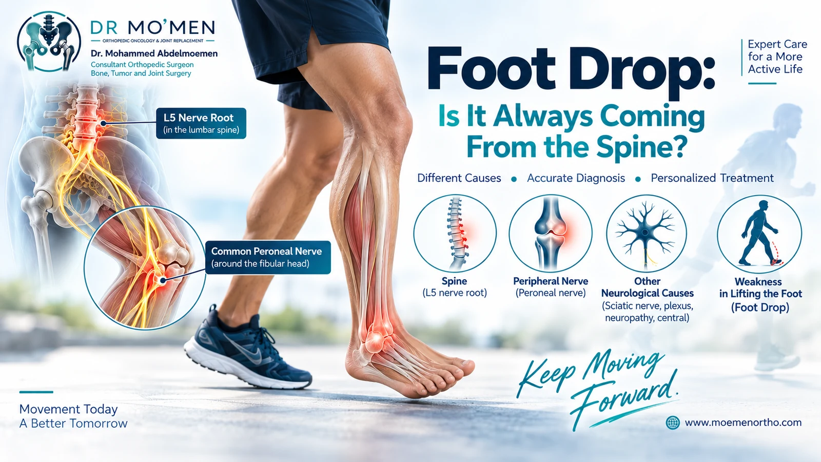 Medical infographic showing possible neurological levels involved in foot drop, including the lumbar nerve root and common peroneal nerve.