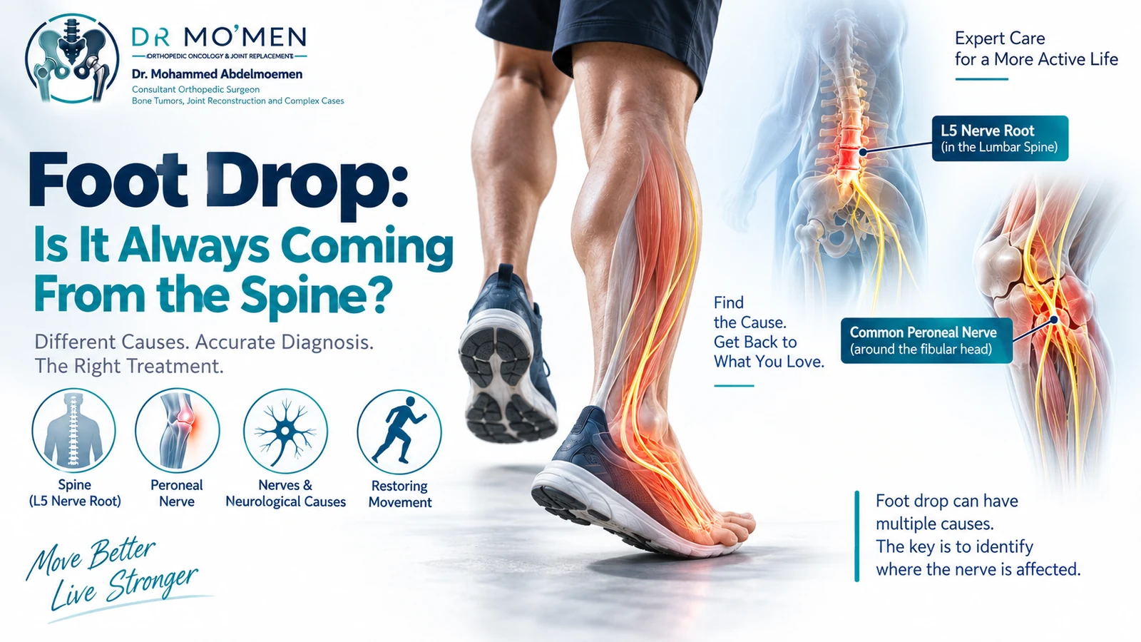 Medical illustration comparing an L5 nerve-root cause of foot drop with common peroneal nerve dysfunction near the fibular head.