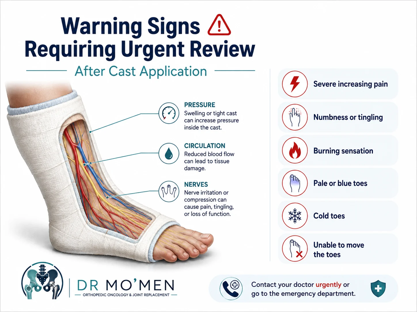 Medical cutaway illustration showing cast pressure, circulation, and nerve warning signs requiring urgent assessment