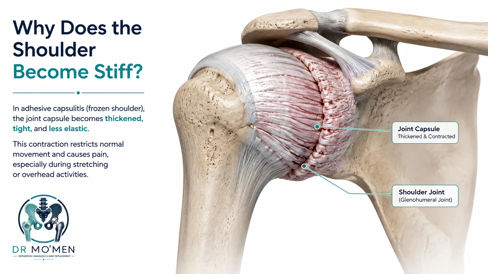 Shoulder anatomy illustration showing thickening and contraction of the joint capsule in adhesive capsulitis.