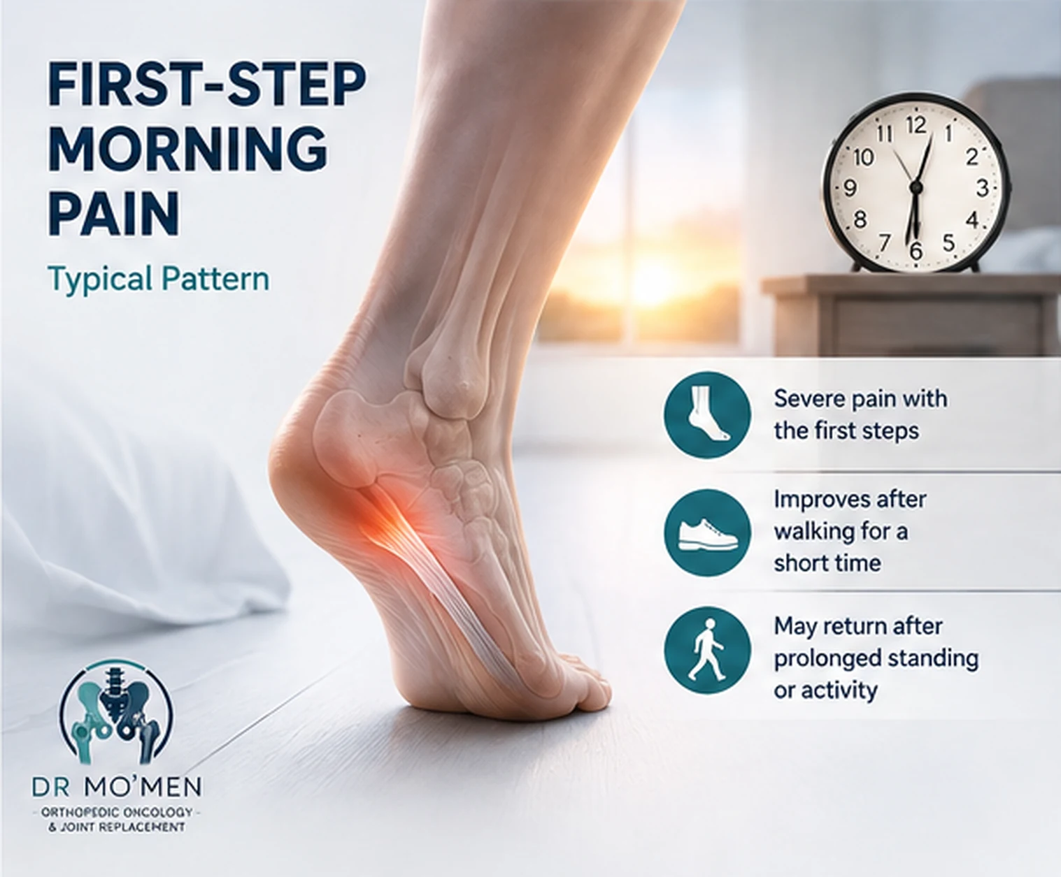 Illustration of typical first-step morning heel pain and partial improvement with movement