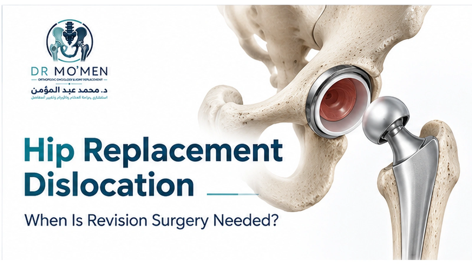 Hip Replacement Dislocation 3D medical illustration showing a dislocated total hip replacement and evaluation for revision surgery.