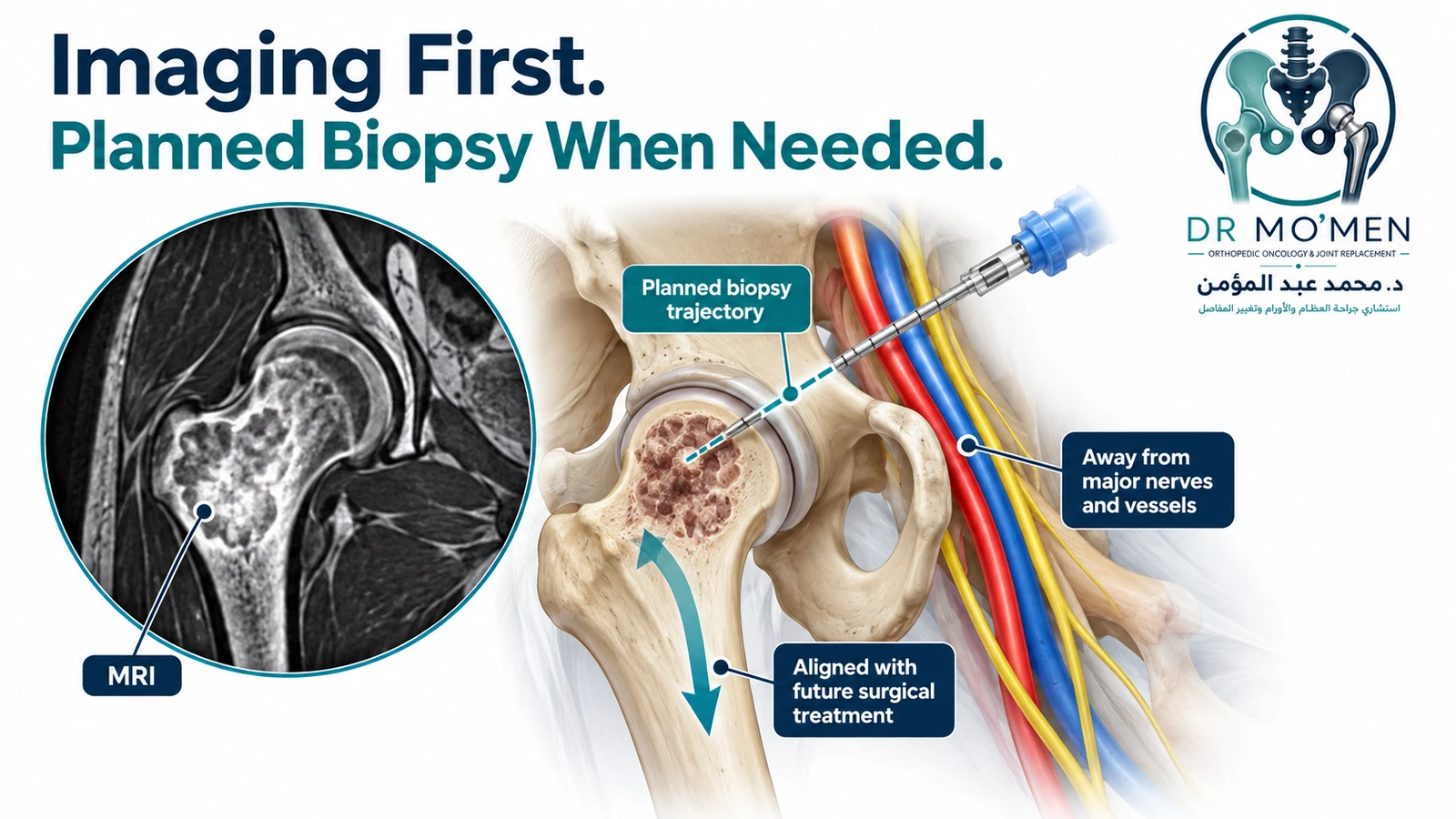 Imaging First. Planned Biopsy When Needed. Orthopedic oncology illustration showing MRI review and a planned biopsy trajectory away from major neurovascular structures and aligned with future surgery.
