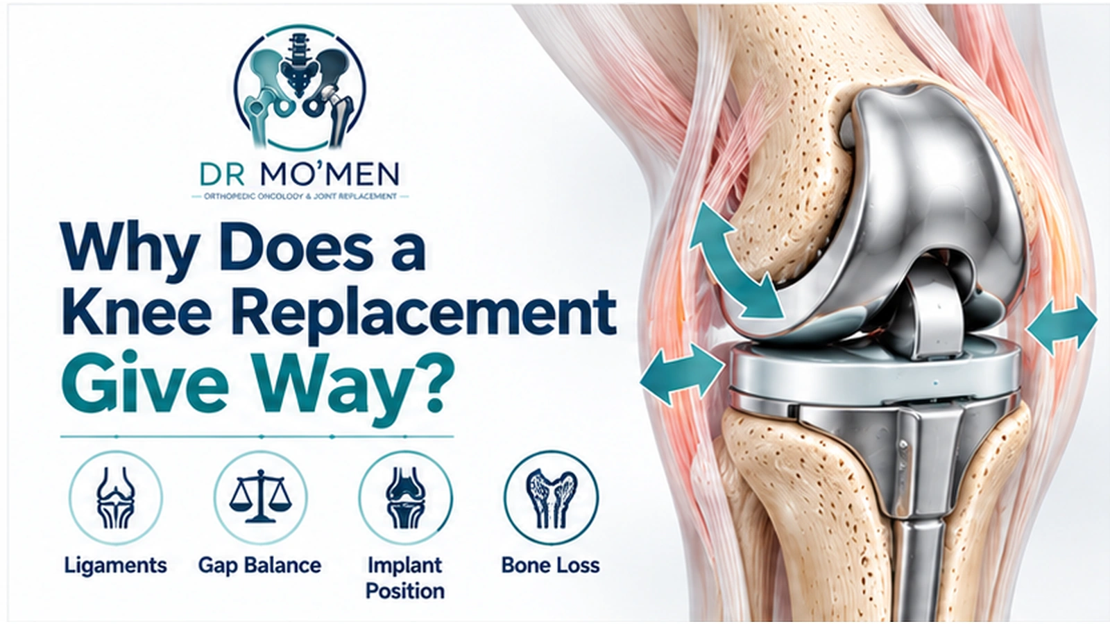Why Does a Knee Replacement Give Way? 3D medical illustration showing instability after total knee replacement and abnormal tibiofemoral movement.