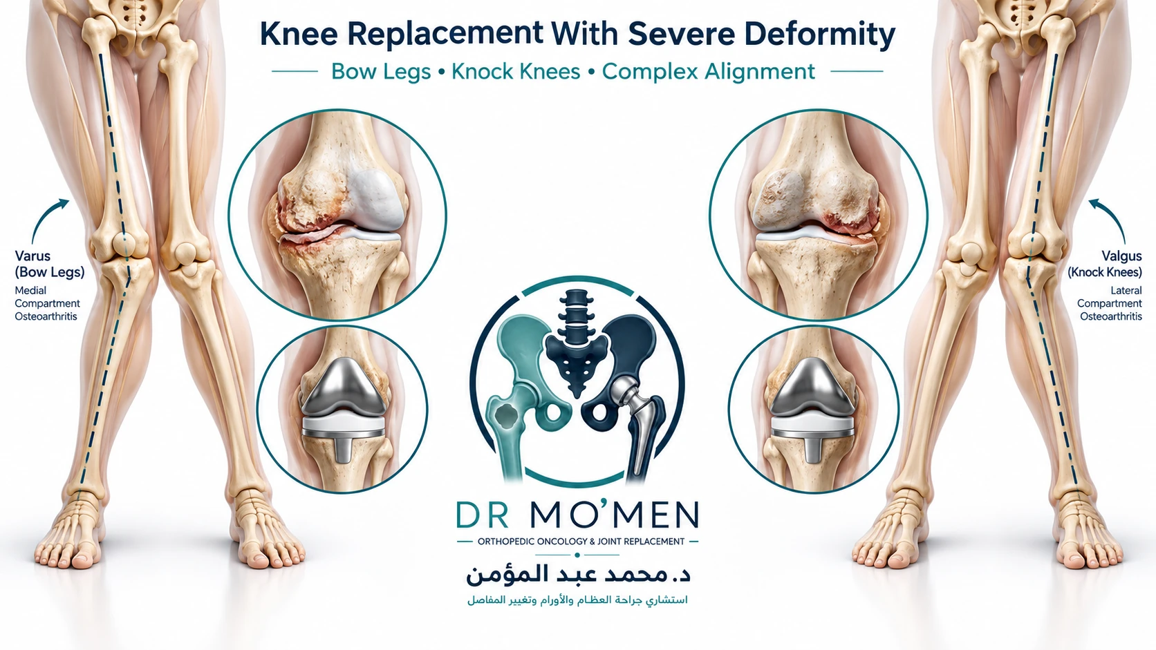 Knee Replacement With Severe Deformity 3D medical illustration showing severe bow-leg and knock-knee deformity with total knee replacement planning.