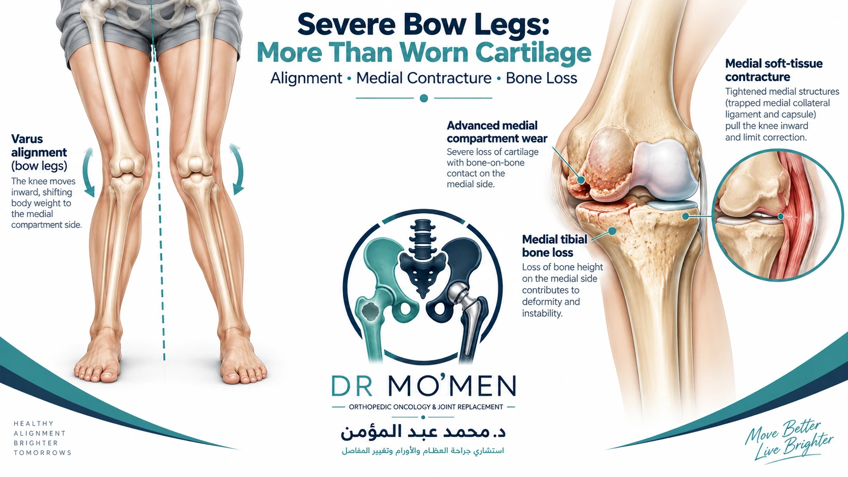 Severe Bow Legs: More Than Worn Cartilage Medical illustration showing severe varus bow-leg deformity, medial wear, soft-tissue contracture and tibial bone loss.