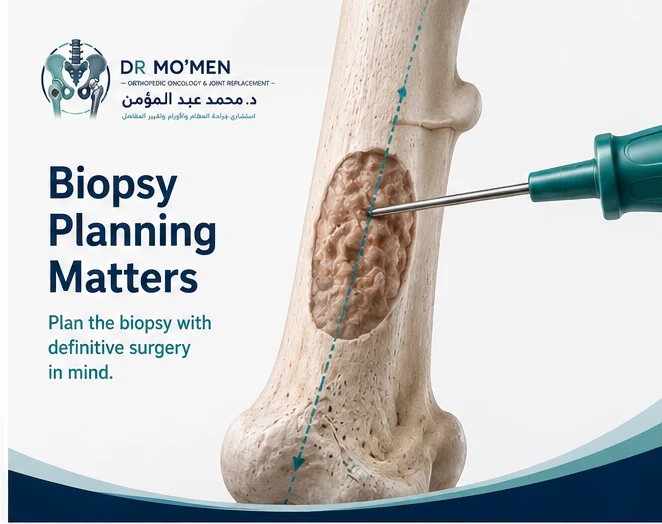 Medical illustration showing correctly planned biopsy trajectory for a suspected bone tumor