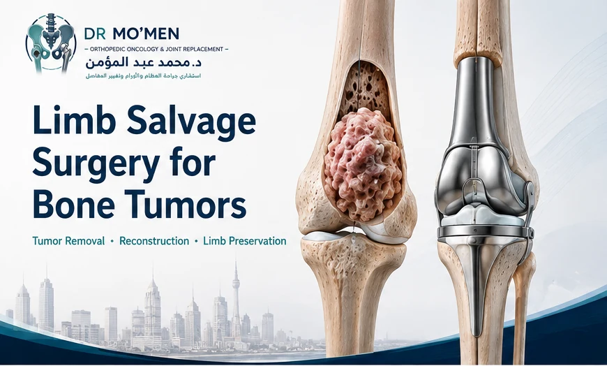 3D medical illustration of bone tumor removal and limb salvage reconstruction with a tumor prosthesis