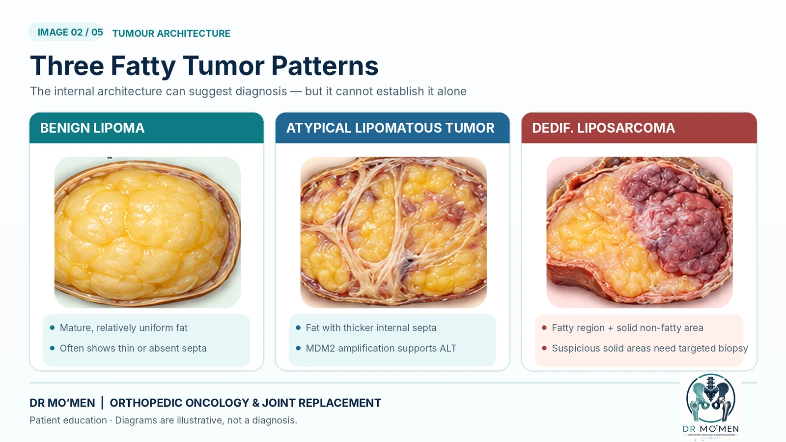 Educational comparison of benign lipoma, atypical lipomatous tumor and dedifferentiated liposarcoma.
