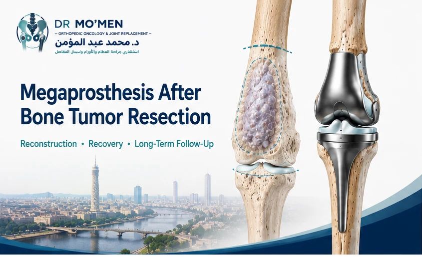 3D orthopedic oncology illustration showing distal femoral megaprosthesis reconstruction after bone tumor resection