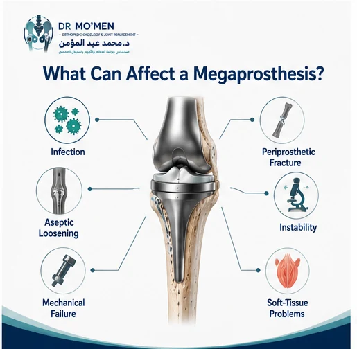Medical infographic showing potential megaprosthesis complications including infection, loosening, mechanical failure, fracture, instability and soft-tissue problems