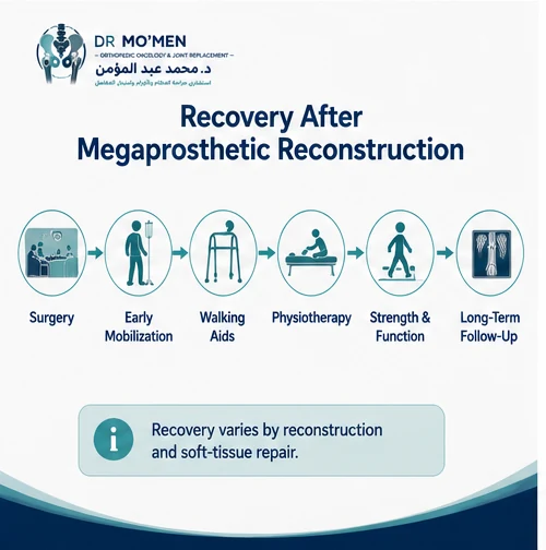 Infographic showing recovery after tumor megaprosthetic reconstruction from surgery through rehabilitation and long-term function