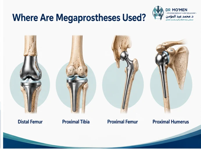 Medical infographic showing distal femoral, proximal tibial, proximal femoral and proximal humeral megaprosthetic reconstructions