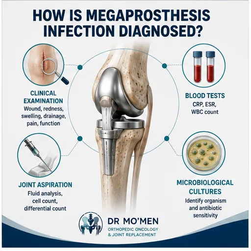 Diagnostic evaluation of megaprosthesis infection using examination, blood tests, aspiration and cultures