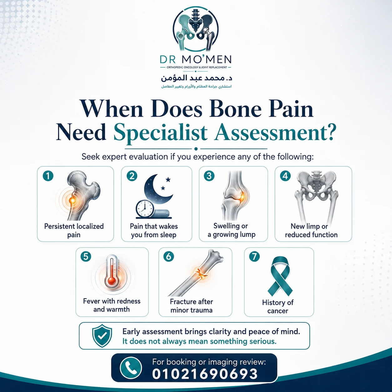 Warning signs with persistent bone pain including swelling, limping, fever, fracture, and previous cancer