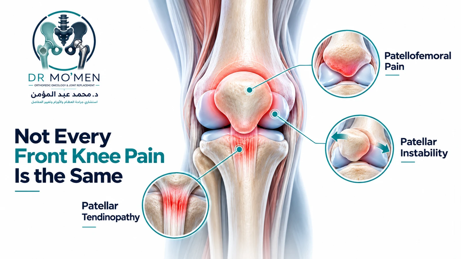 Not Every Front Knee Pain Is the Same Infographic comparing patellofemoral pain with patellar tendinopathy and patellar instability.
