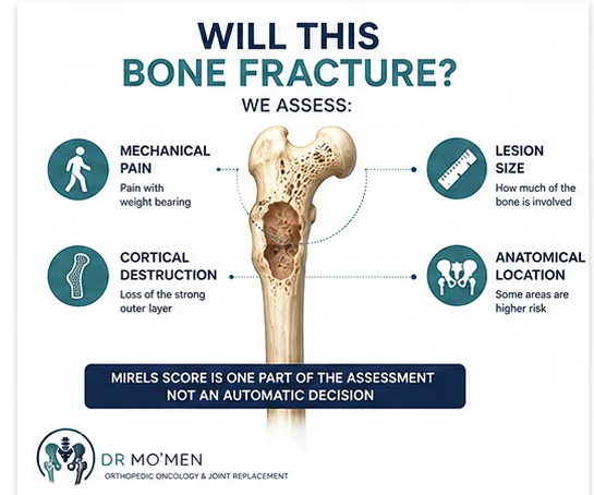 Mirels score evaluates site, lesion type, lesion size and pain in metastatic bone disease