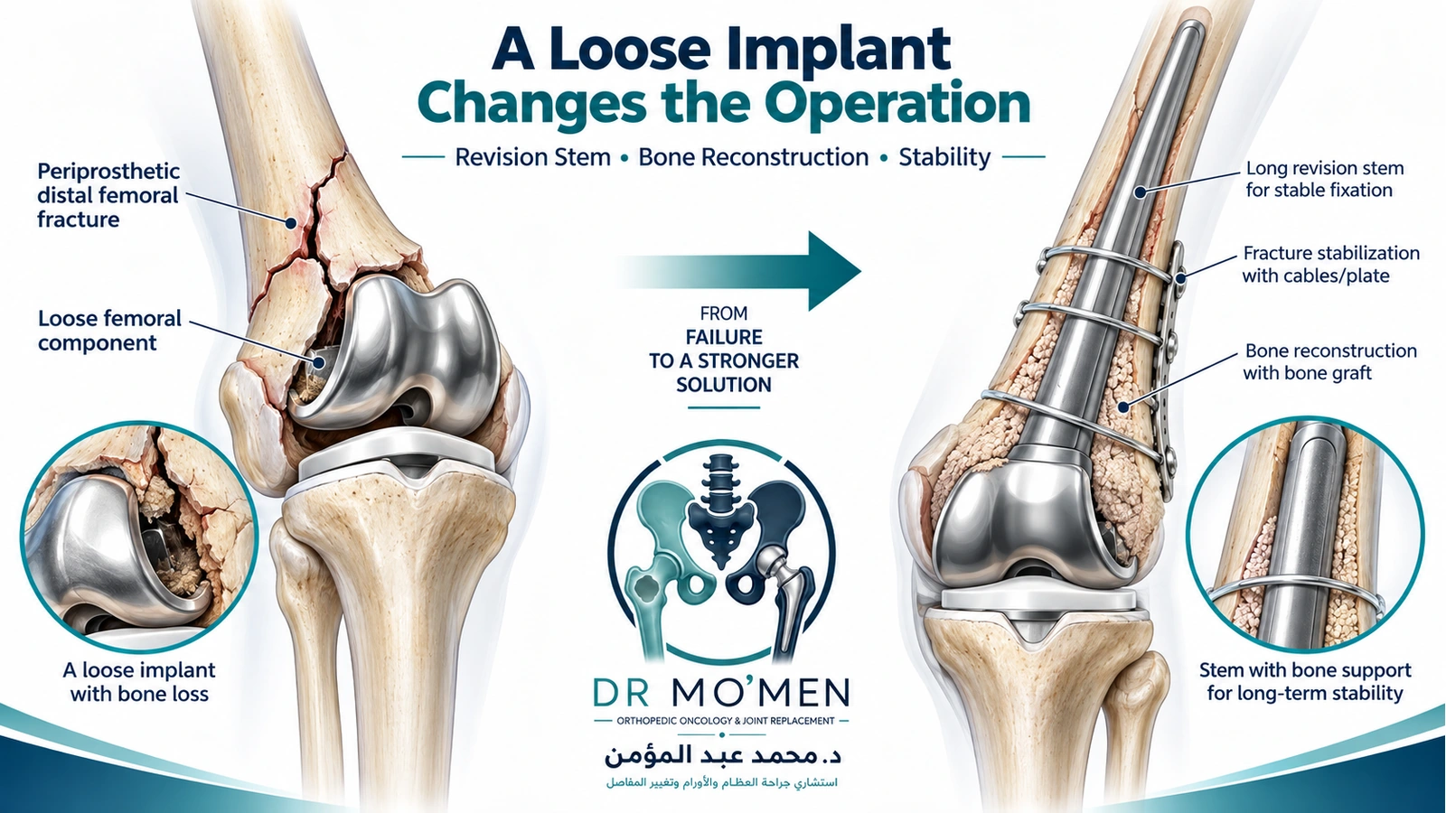 A Loose Implant Changes the Operation 3D medical illustration showing revision knee replacement for a periprosthetic fracture associated with a loose femoral component.