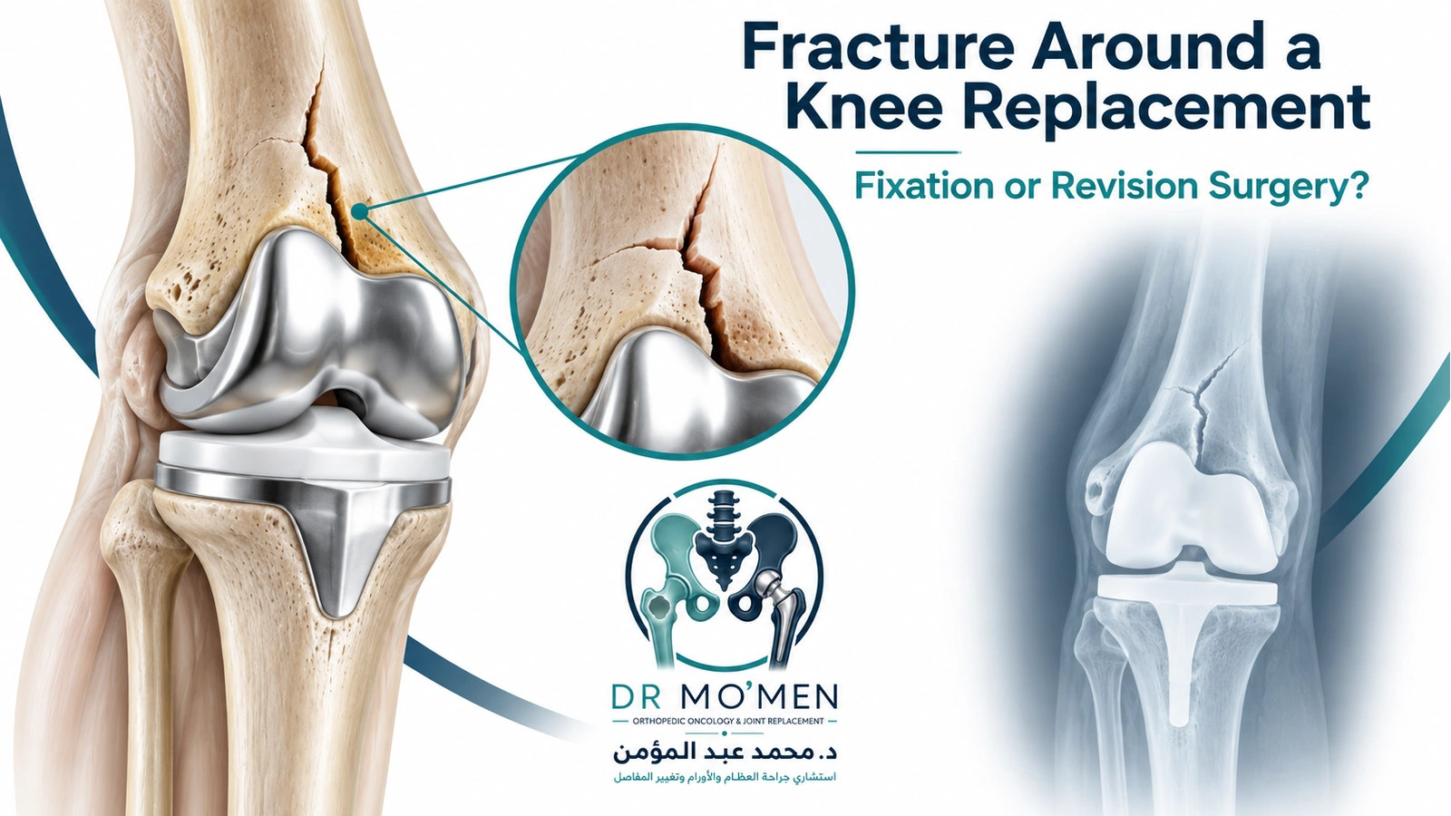 Fracture Around a Knee Replacement 3D medical illustration showing a distal femoral fracture above a total knee replacement and the decision between fixation and revision reconstruction.