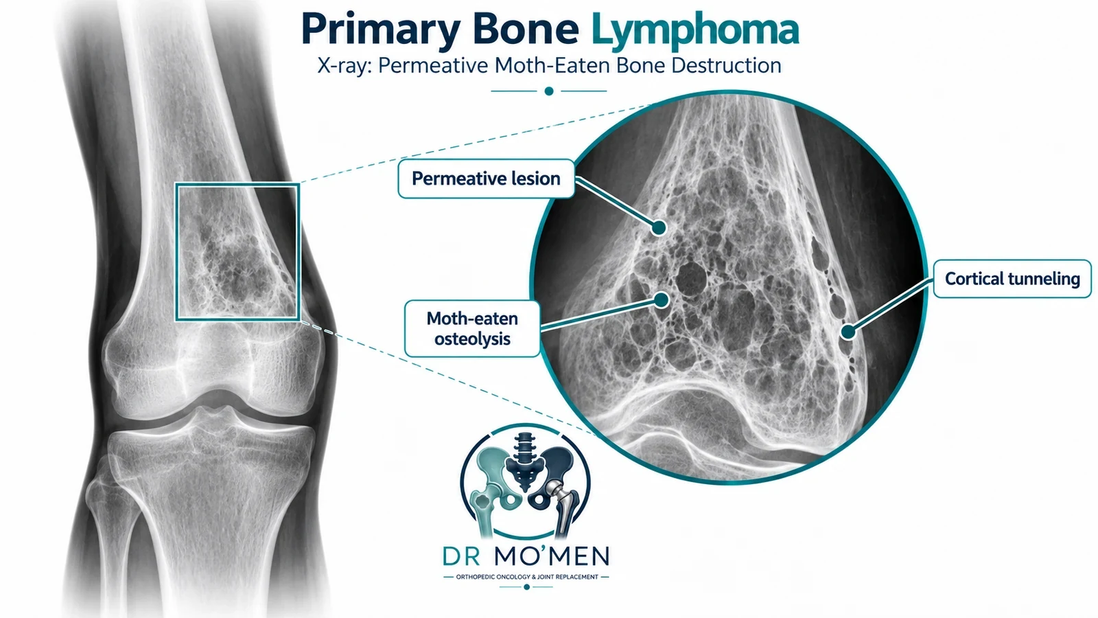 AI-generated X-ray-style educational illustration of permeative distal femur lesion; not an actual patient radiograph.